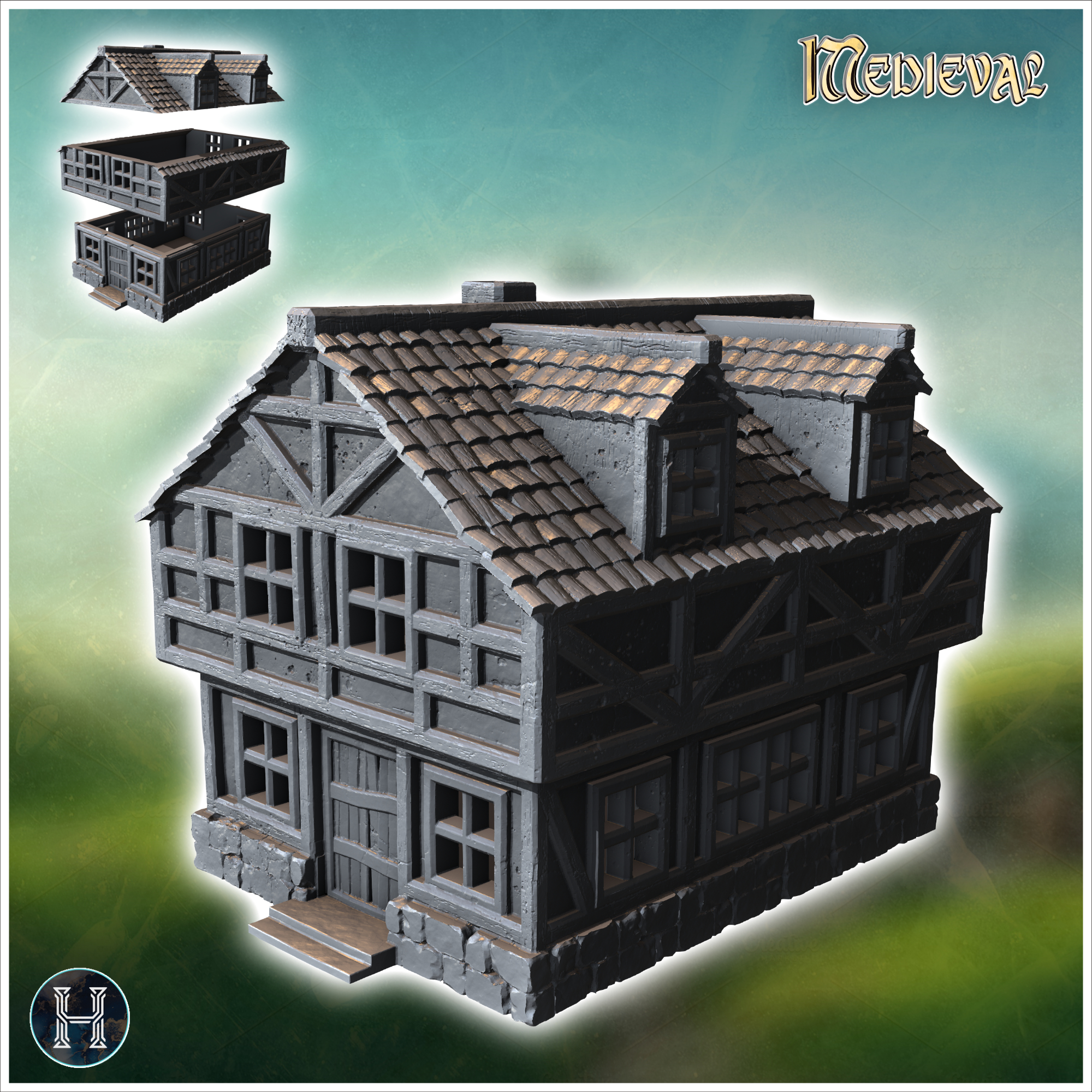 Timber-framed house with tiled roof, multiple windows, and a front door on a stone base (9) - Medieval Gothic Feudal Old Archaic Saga 28mm 15mm RPG